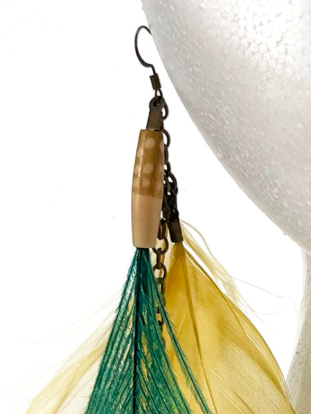 Turquoise Peacock/Yellow Feather Earrings