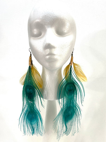 Turquoise Peacock/Yellow Feather Earrings