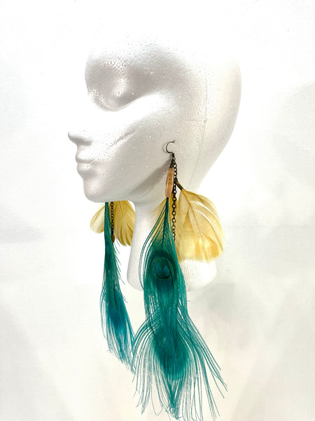 Turquoise Peacock/Yellow Feather Earrings