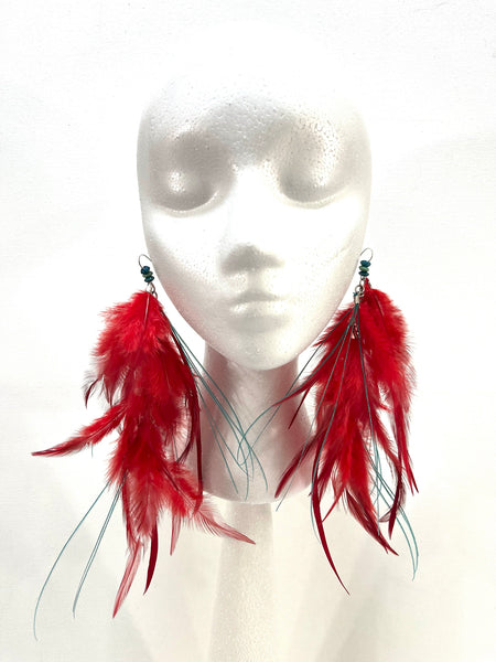 Red/Turquoise Feather Earrings