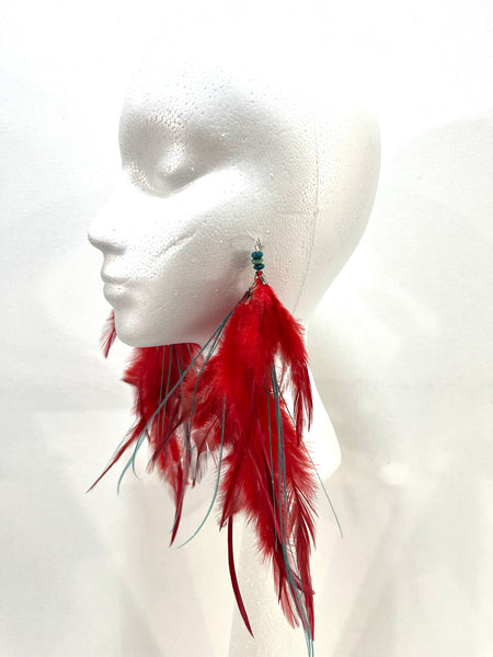 Red/Turquoise Feather Earrings